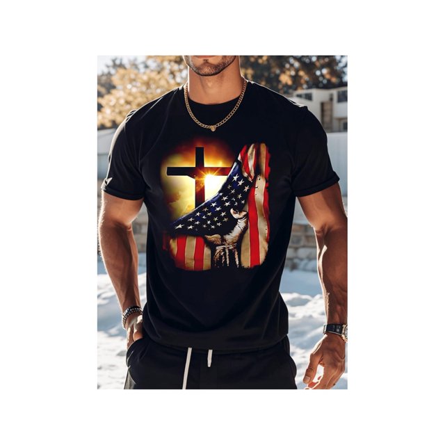 American Independence T-shirt the united states holiday gift for gifts the left is a shining black cross the right is a claw holding flag for black -1 tokwear Tee Menswear Top