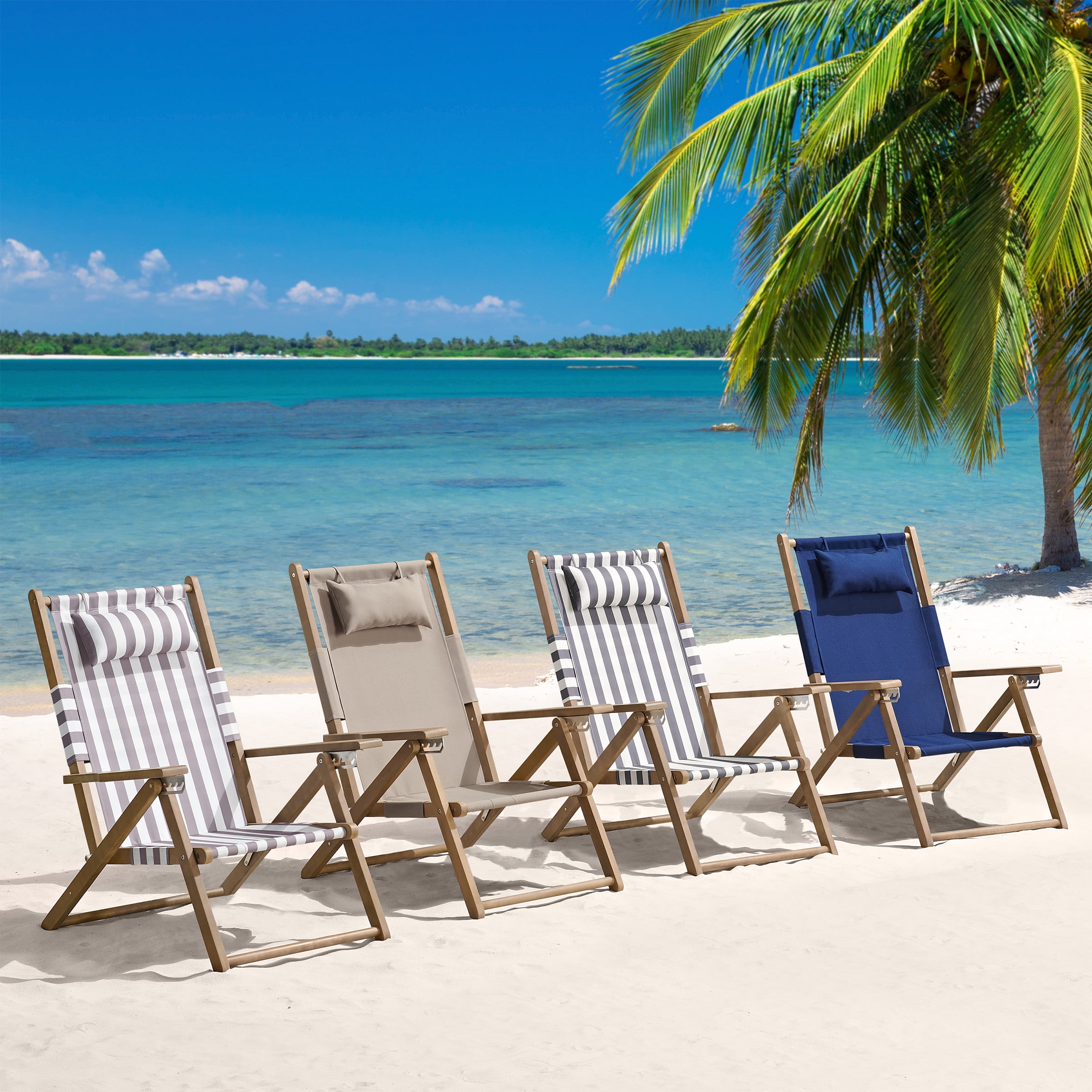 Lavish Home Weather Resistant Folding Beach Chairs – 4-Position Recliners with Carry Straps, Taupe