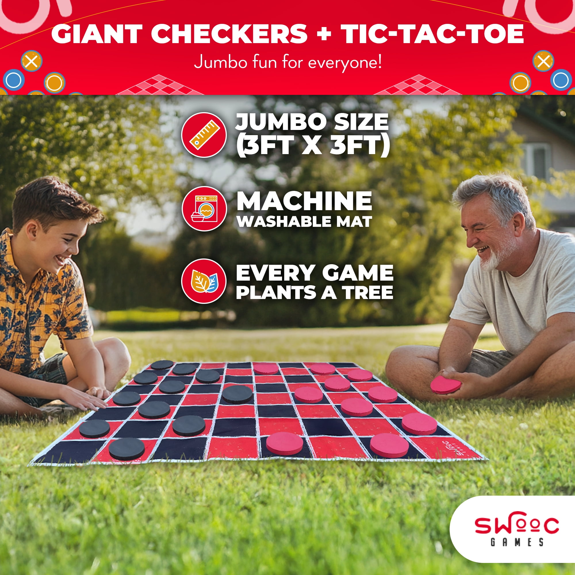 Swooc Games® - 2-in-1 Giant Vintage Checkers & Tic Tac Toe Game W/ Mat (3ft x 3ft) - 100% Machine-Washable Canvas - Giant Outdoor Games & Activities - Giant Games - Giant Board Game - Oversized Game