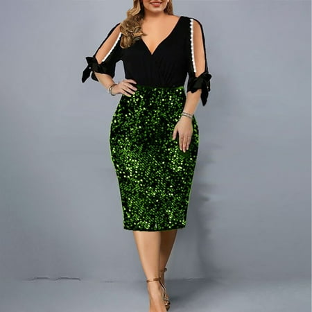

Yubatuo Women s Fashion Large Size Sequin Mesh 1/2 Sleeve V Neck Corset Waist Dress(Green 5XL)