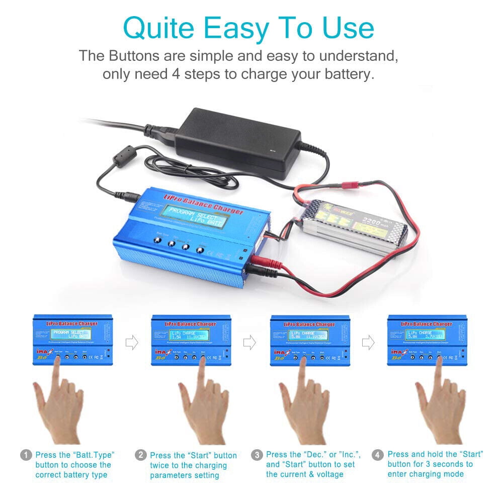 B6 80W 6A Lithium Battery Balance Charger - Multi-Function Charger for LiPo, Li-Ion, NiMH, NiCd, and Lead Batteries with LCD Display and Safety Protections