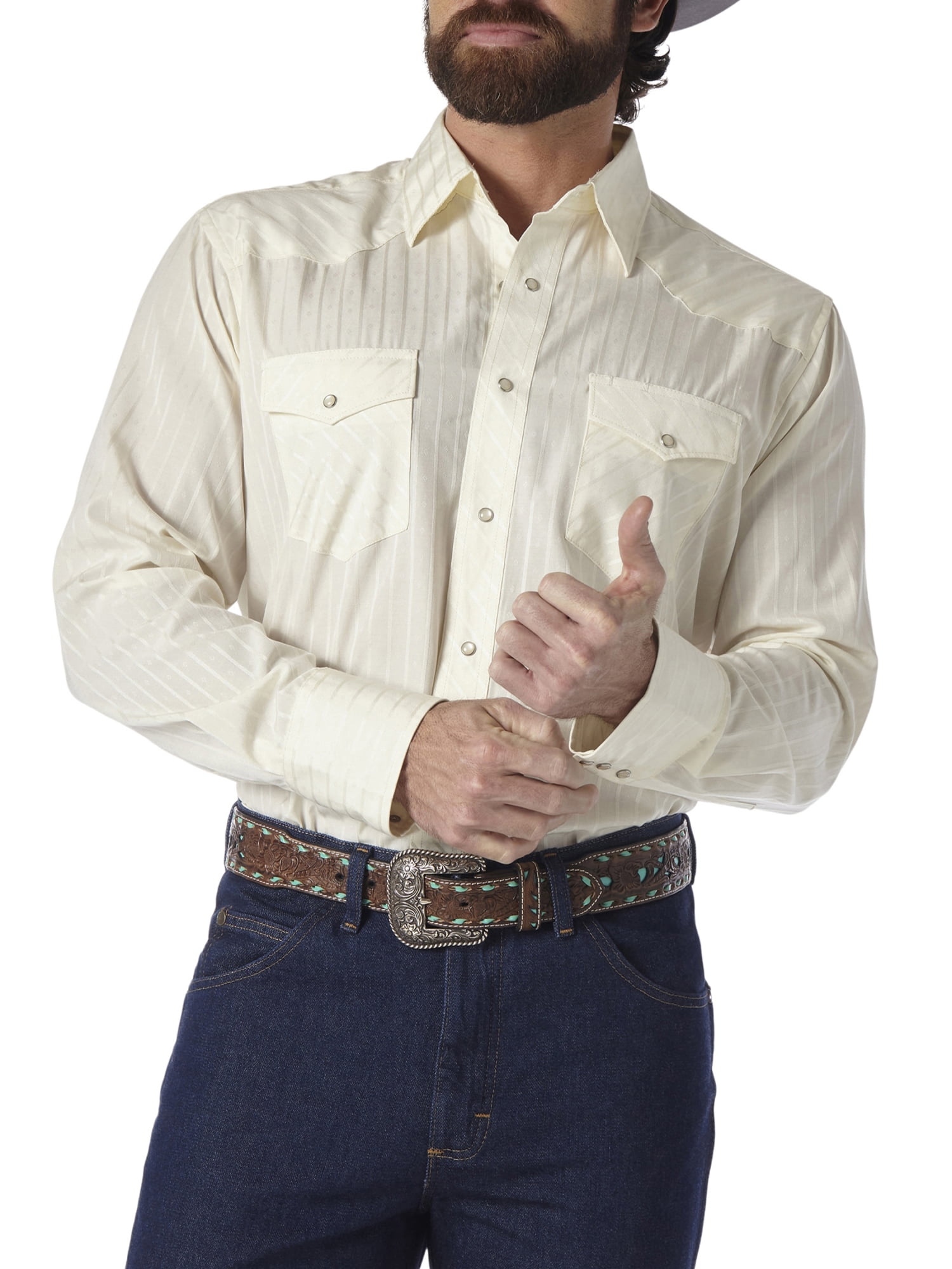 Wrangler Men's Long Sleeve Western Snap Dobby Striped Shirt 