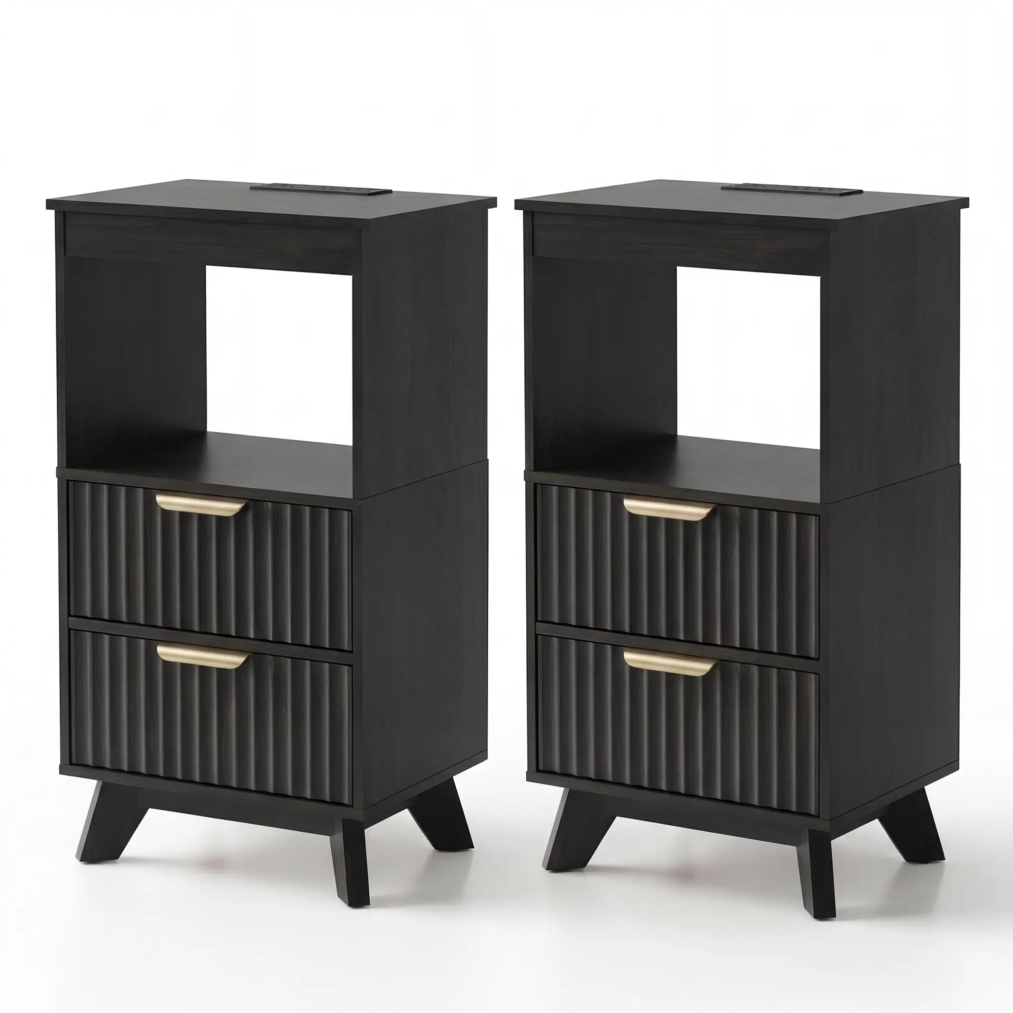 YDN Modern Tall Nightstand Set of 2 - Bedside Table with Fluted Design & Charging Station, Wooden Bedsides End Table with Large Open Shelf for Bedroom, Living Room,Black