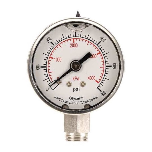 Commercial Pressure Gauge, 0 to 600 psi, 2 in Dial, 1/4 in NPT, Bottom Location