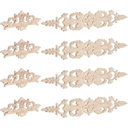 8pcs 2 styles Wood Carved Onlay Applique Display Decoration Unpainted Onlay Furniture Home Decoration BurlyWood 160~330x60~70x6.8~8mm 4pcs/style
