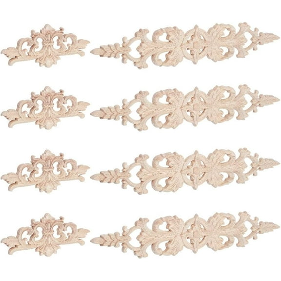 8pcs 2 styles Wood Carved Onlay Applique Display Decoration Unpainted Onlay Furniture Home Decoration BurlyWood 160~330x60~70x6.8~8mm 4pcs/style