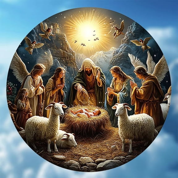 HELLOYOUNG Vintage Nativity Scene Round Metal Sign Christmas Wall Art Decor with Angels Rustic Home Bar Cafe Decor Gift