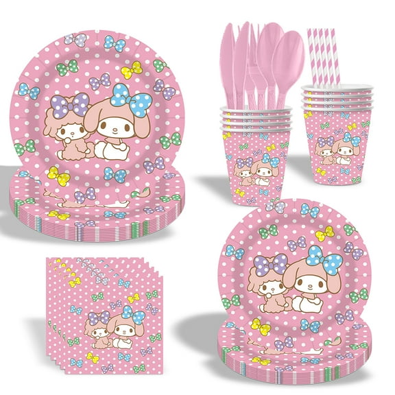 Kids Birthday Party Serves 10 Tableware Supplies Sets Cute Melody Cartoon My Sweet Piano Disposable Paper Plates, Cups, Pink Knife, Fork, Straw Tableware Combination Set