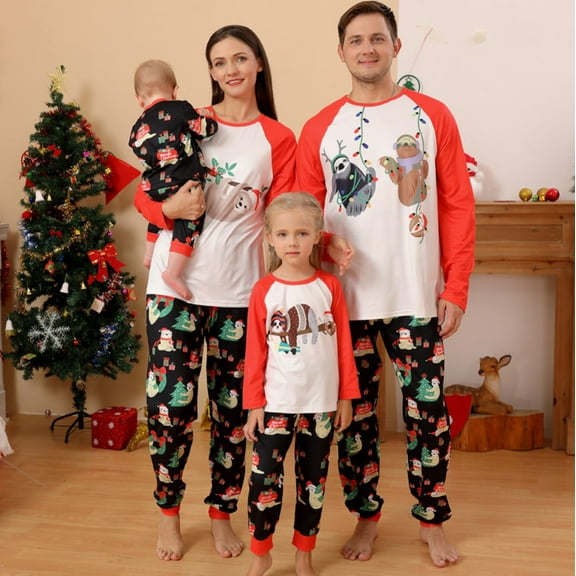Matching Family Pajamas Sets Christmas PJ's Santa Sloth Print Top and Pants Bottom 2Pcs Sleepwear