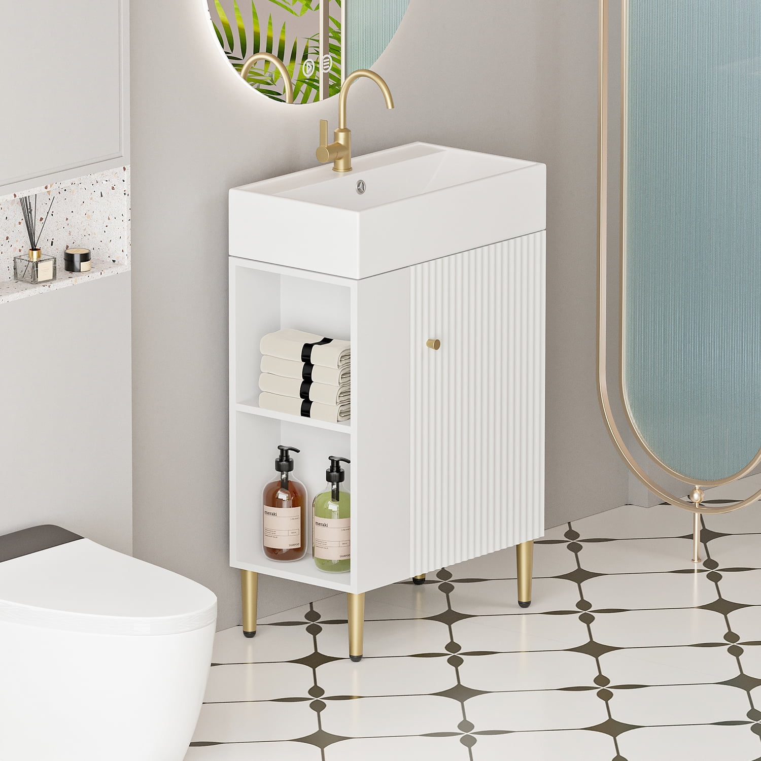 Demi Bonn 21" Bathroom Vanity with Ceramic Sink and Soft-Closing Door, Cloakroom Open Shelf Storage Cabinet on the Left Side, Faucets and Drains Not Included, White