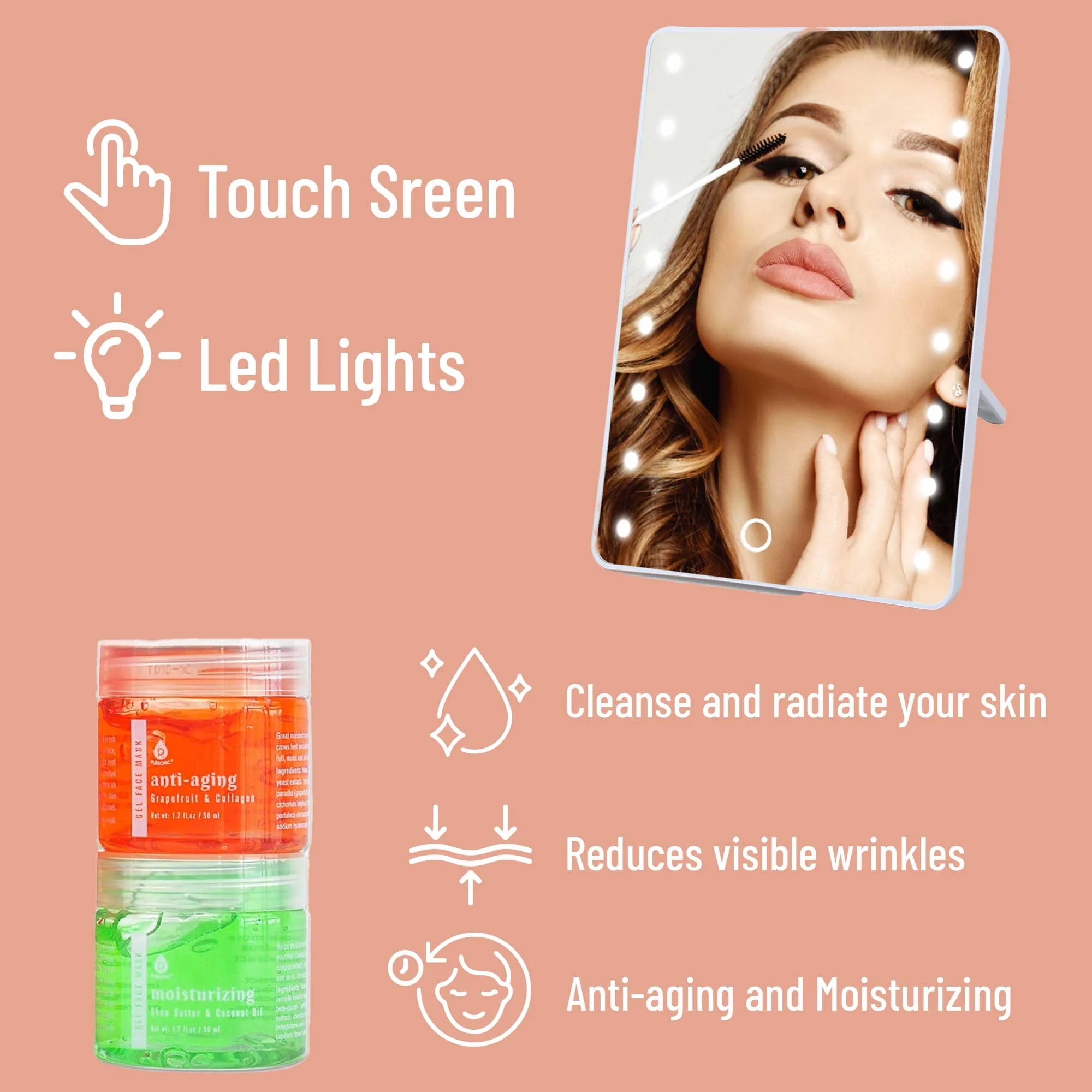 Pursonic Touchscreen LED Vanity Mirror and Luxurious Gel  Mud Face Mask Set