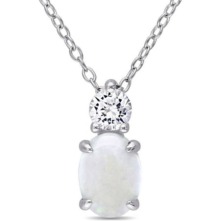 1 Carat T.G.W. Opal and Created White Sapphire Sterling Silver Two-Stone Pendant, 18