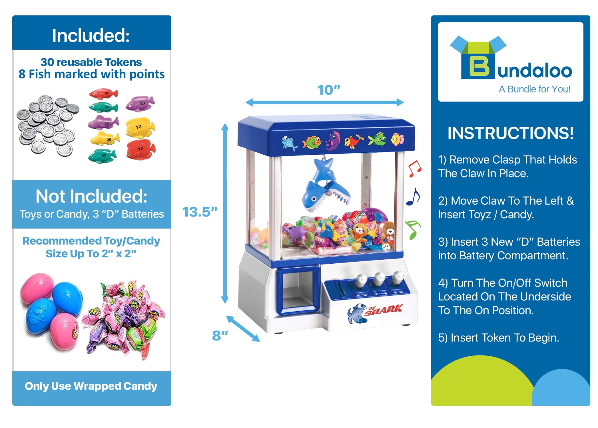 Bundaloo Shark Claw Machine Arcade Game for Kids - Candies, Toys, Prize Grabber, Mini Vending Dispenser - 30 Tokens, 3-Lever Design, Fun Sound Effects