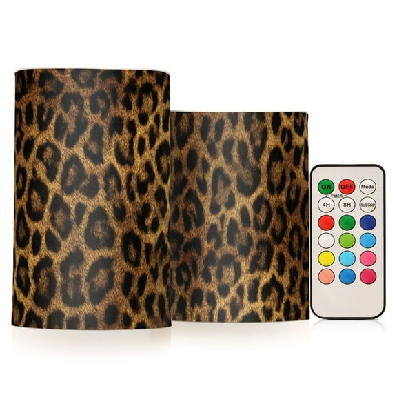 Beautiful Leopard Print Flickering Flameless Candles Battery Operated with Remote Timer LED Pillar Candles Set of 2