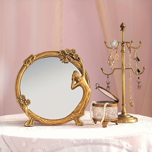 1 espejo colgante vintage de resina en relieve, dorado, para maquillaje, de mesa o para decorar la pared.