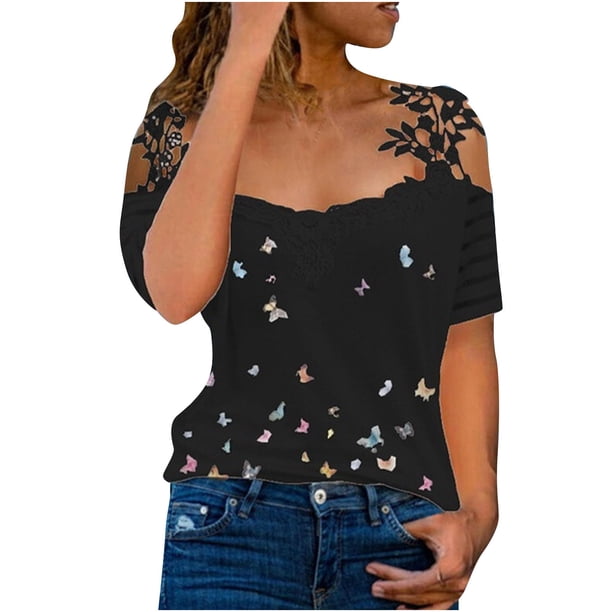 Camisetas con hombros descubiertos para mujer, blusa de manga corta ahuecada, camiseta gráfica de encaje con cuello en V de verano, Tops holgados Pompotops hkajfhjk468736