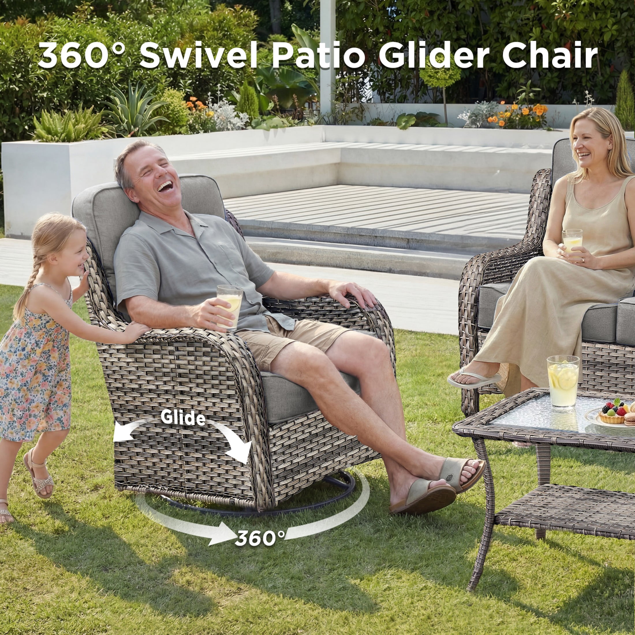 Unnifurnzi 10 Pieces Wicker Outdoor Furniture-Outdoor Swivel Chairs Set of 4 with 6 Inch Thick Cushions Outdoor Couch with Outdoor Ottoman Patio Furniture Set for Deck Porch Poolside-Gray/Gray