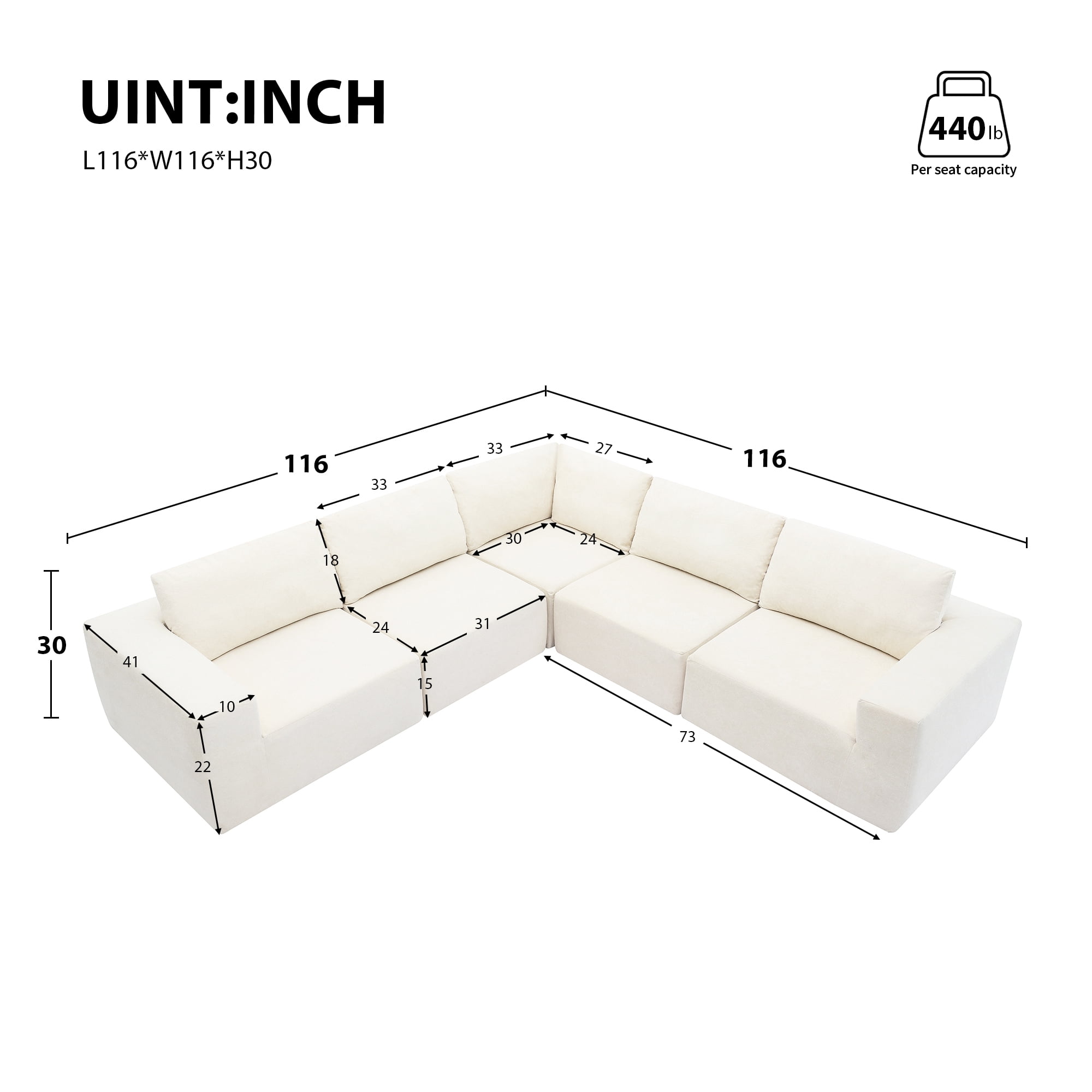 DEALTOPS L Shaped Sectional Sofa Couch, Pure Sponge Sleeper Sofa for Living Room, No Assembly Required, White