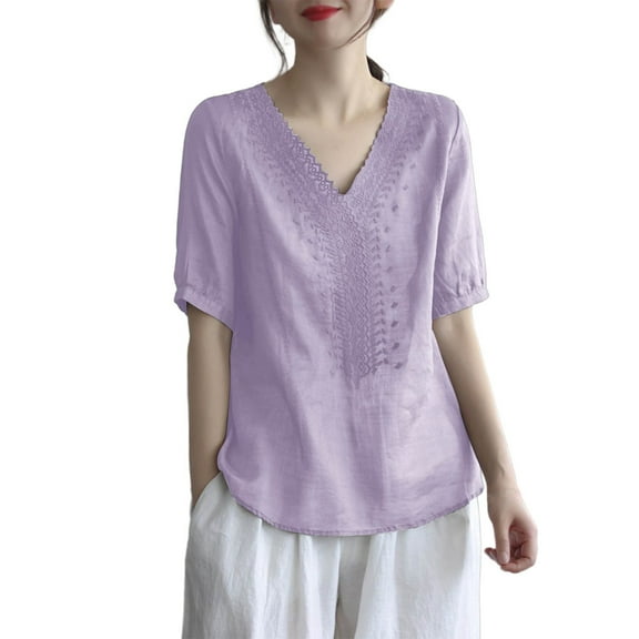 Fashion Shirts for Womens Summer Plus Size Short-sleeved Solid Color V-neck Embroidered Casual Top T-shirt