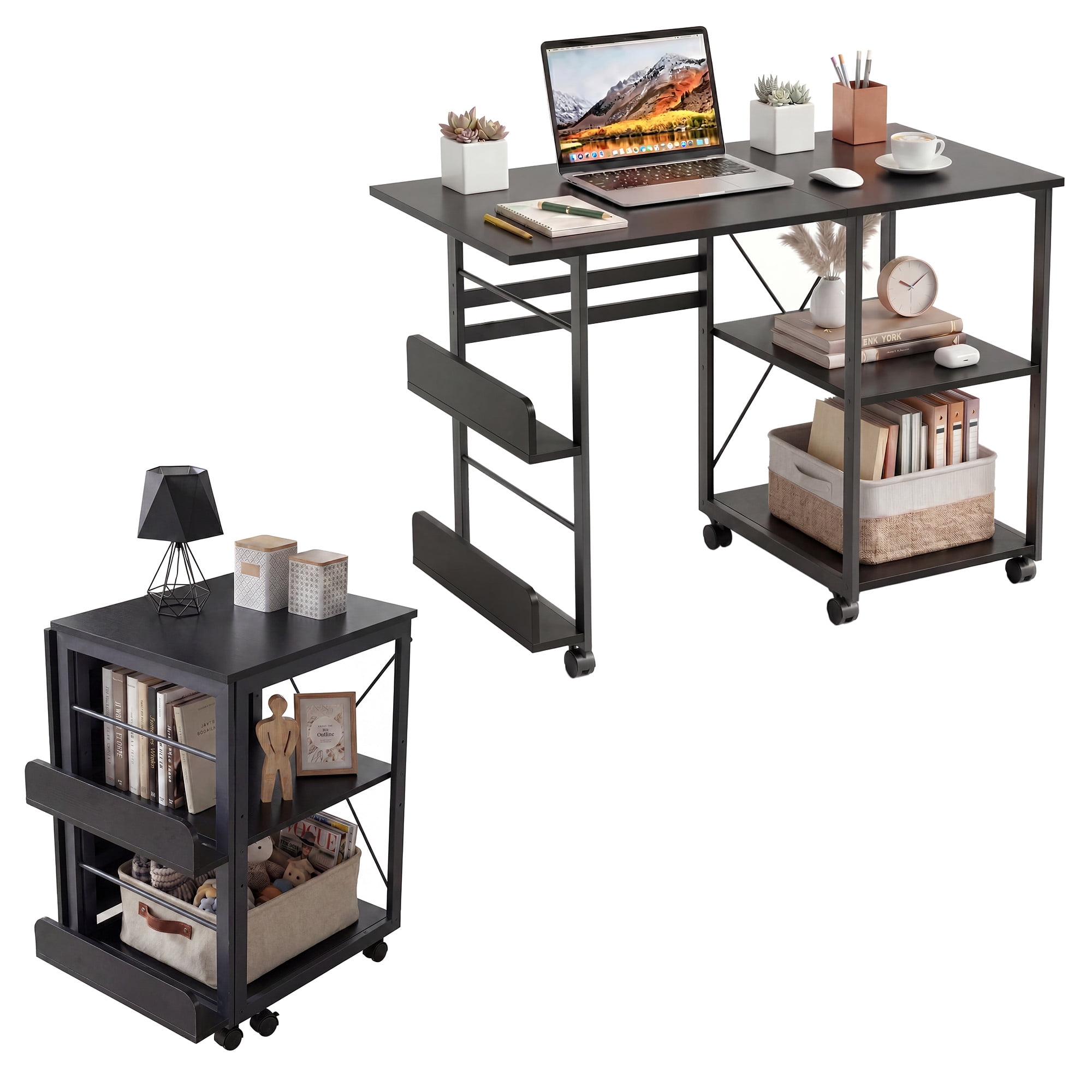 Anoncndin Folding Computer Desk with Wheels, Space-Saving Mobile Home Office Writing Table - Storage Shelf, Side Organizer, Locking Rolling Casters - 31.5/41 in, Color: Black (US line)