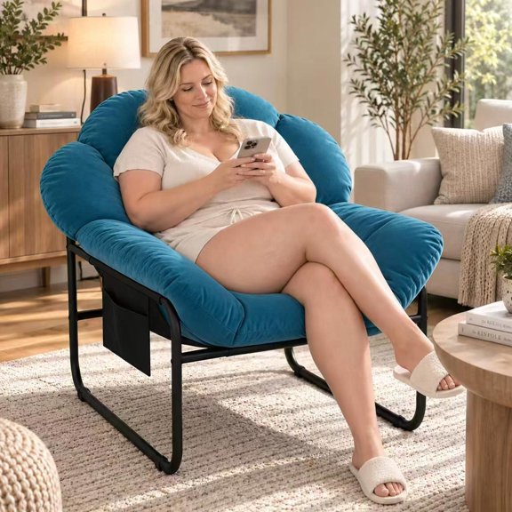 Blue Modern Accent Chair, Comfy Armchair with Removable Cushion and Metal Frame, Single Sofa Lounge Chair for Living Room Bedroom