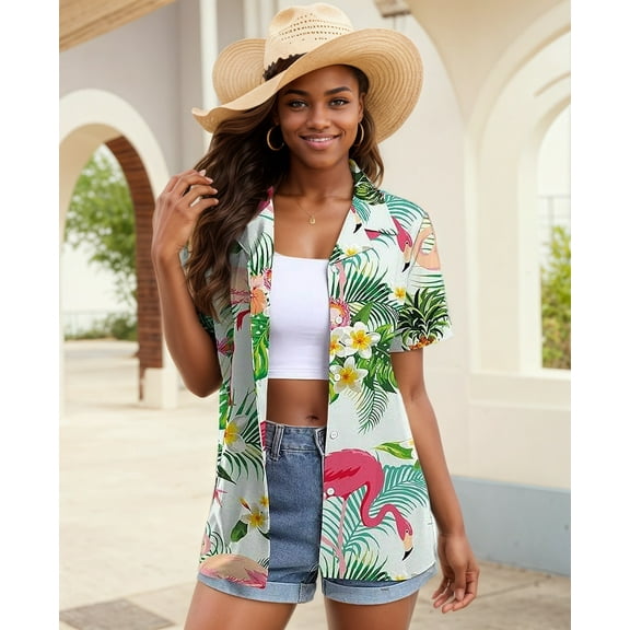 Aiyino Women's Hawaiian Floral Shirts Short Sleeve Button Down Tropical Holiday Summer Beach T-Shirt Tops,S Bird Green Leaf