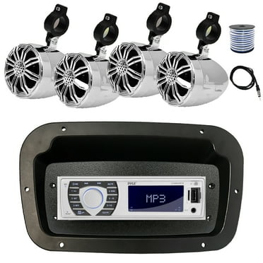 Pyle PLRMR23BTW Single DIN Bluetooth Marine MP3 Stereo Receiver, Spa bezel, Adapter Plate, 22" Radio Antenna, Wire, 4x 2.25" 10W Max Full Range Waterproof Off-Road Audio Speakers (Chrome)