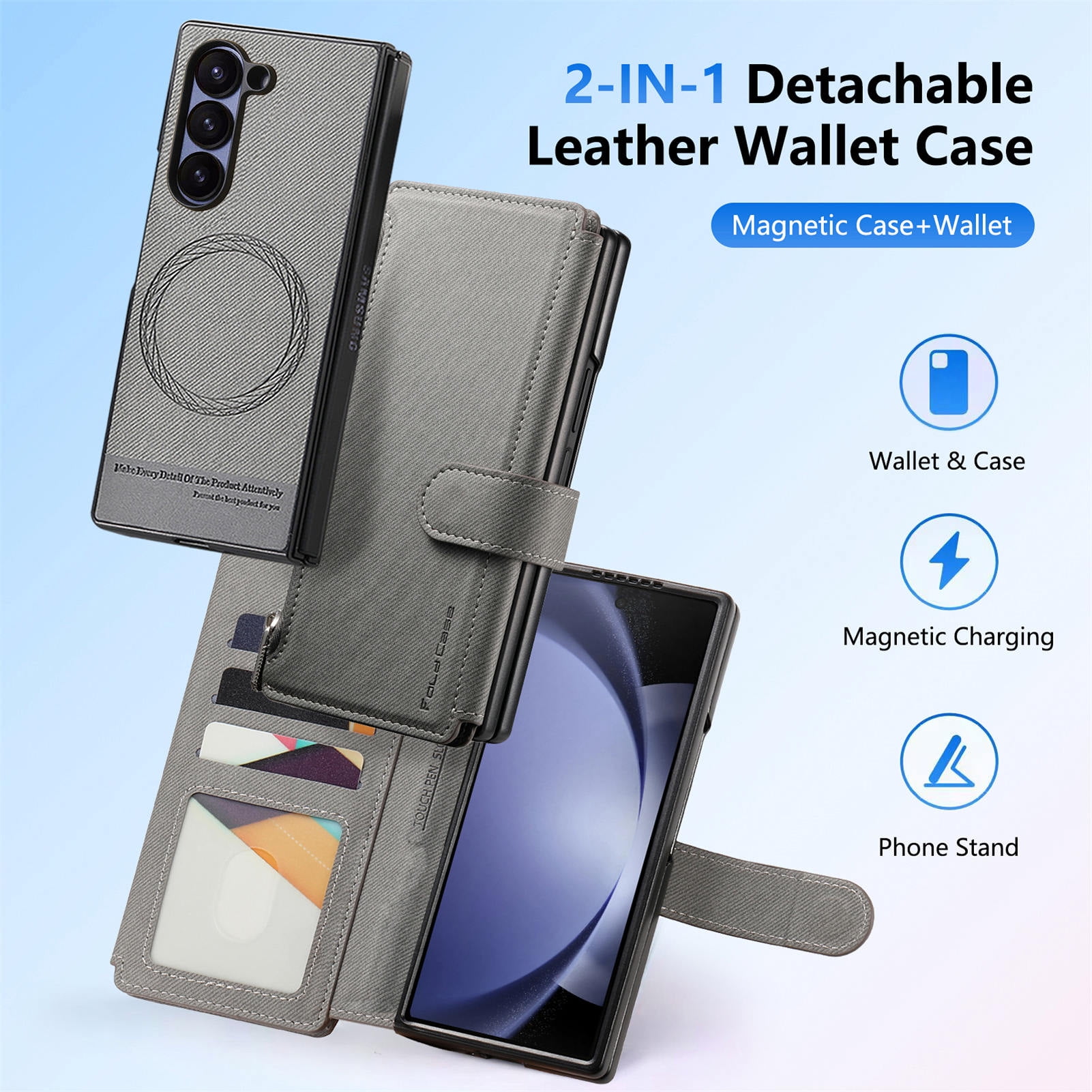 For Samsung Galaxy Z Fold 6 Phone Case,2-in-1 Magnetic Detachable Flip,Flip Folding Kickstand,With Card Slots,Zipper Pocket,Ring Holder,Fit Wireless charging,Shockproof Phone Case,Gray