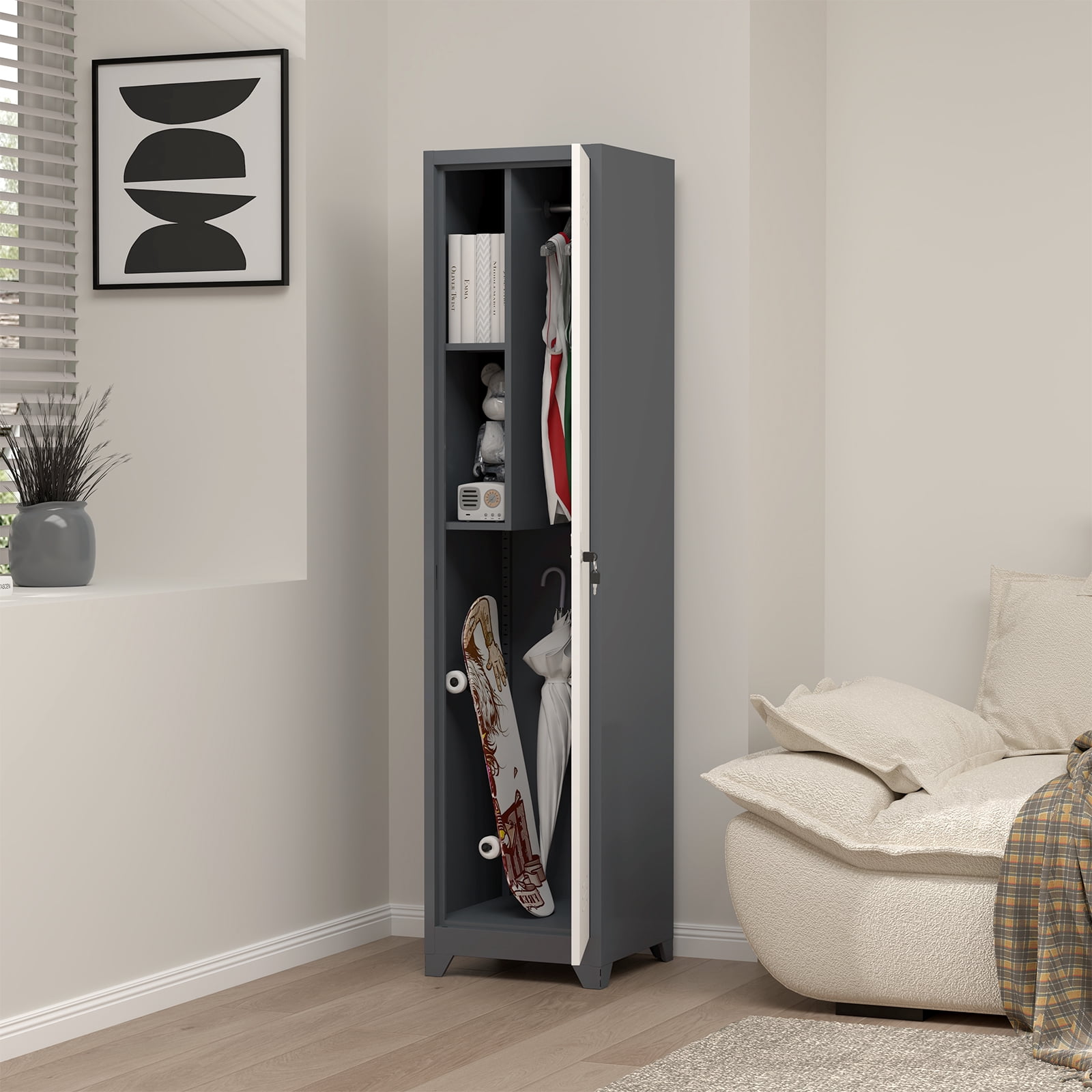 Metal Broom Storage Cabinet, Narrow Cabinet with Hooks, 65" Slim Bathroom Storage Cabinet with Shelves, Heavy-Duty Cleaning Storage Cabinet for Utility Room, Gym, Office, Garage