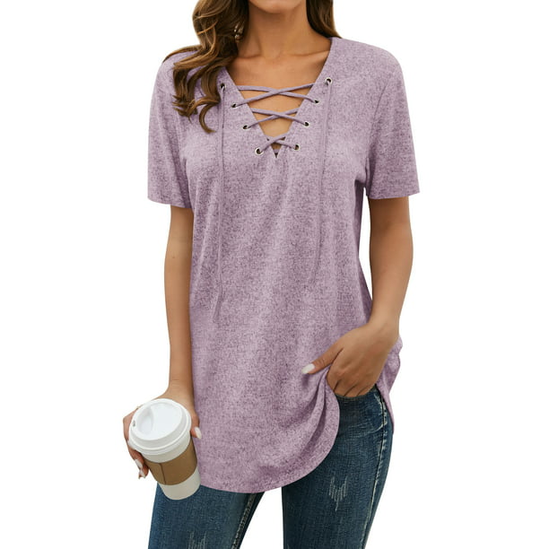 Nlife Women Short Sleeve Lace Up V Neck Tunic Top,2XL - Walmart.com