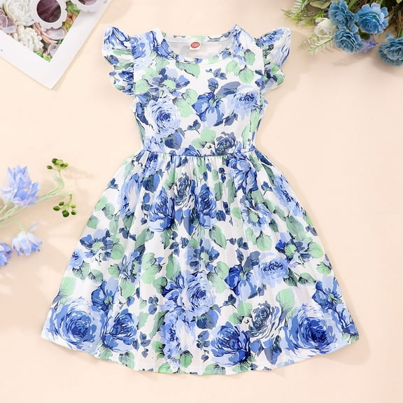 Girls Dresses Spring Summer Round Neck Flared Sleeve Cartoon Pattern Casual Kids Clothing