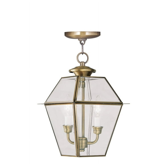 9 inch 2 Light Antique Brass Outdoor Chain Lantern Pendant Lighting Fixture with Clear Beveled Glass Shade backed with Hand Crafted Solid Brass material for patio, front porch, entryway and more