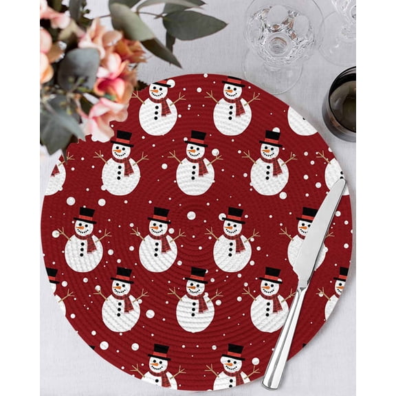 15 Inch Round Placemats Set of 4, Red Christmas Snowman Non Slip Heat Insulation PP Table Mats, Winter Xmas Snowflake Cute Washable Place Mats for Kitchen Dining Party Table Decor