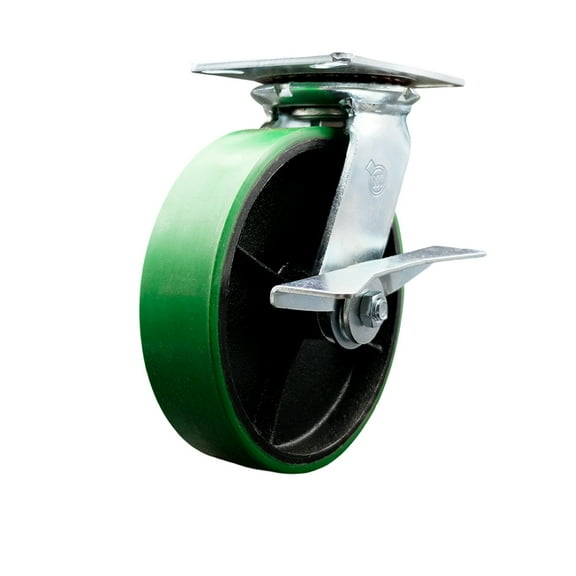 8 Inch Heavy Duty Green Poly on Cast Iron Caster with Roller Bearing and Brake