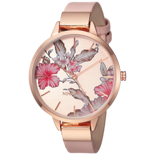 Watch Nine West para mujer, esfera floral, caja de 38 mm y correa rosa