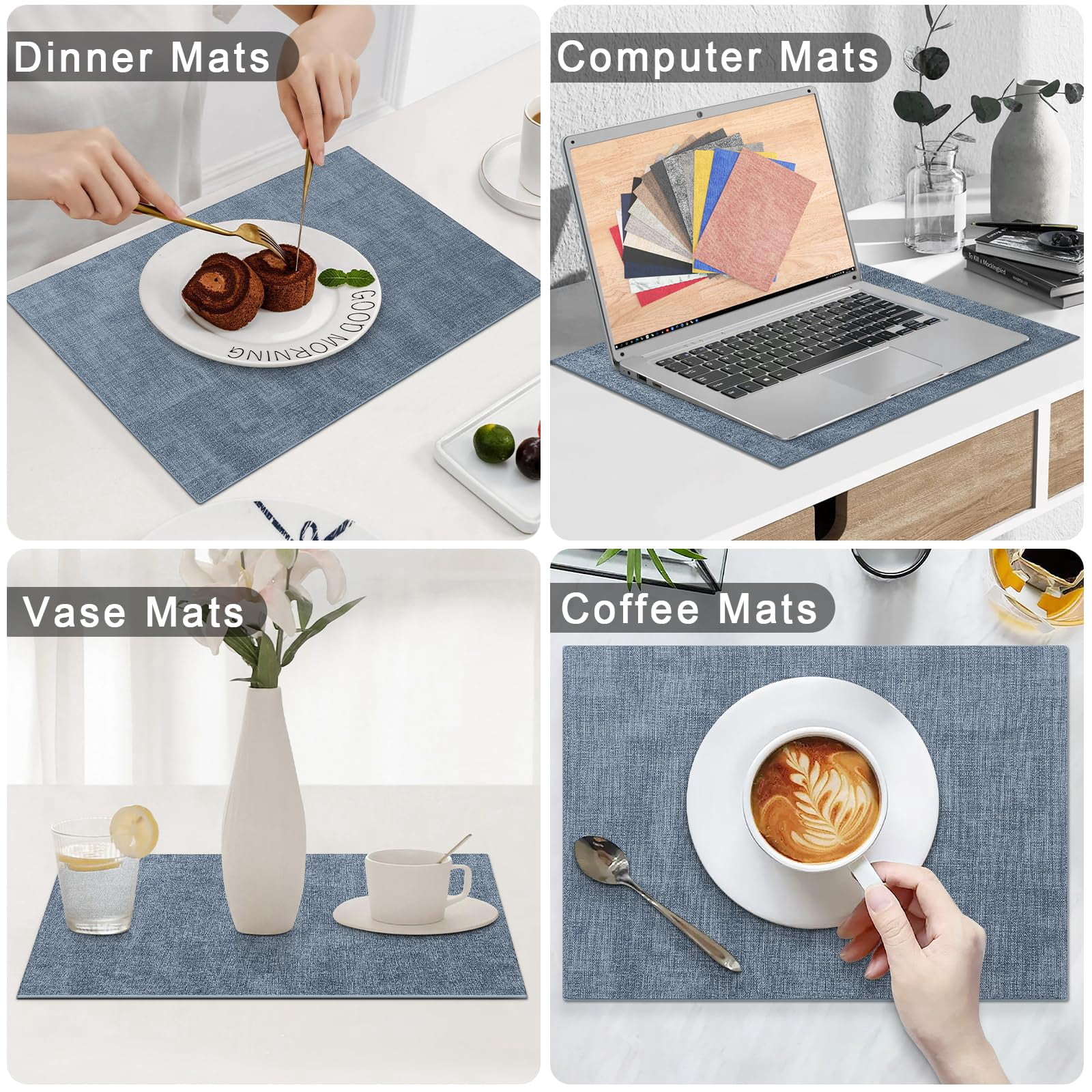 decorUhome Placemats Set of 6, Heat Resistant PU Faux Leather Table Mats, 11.8" x 17", Blue
