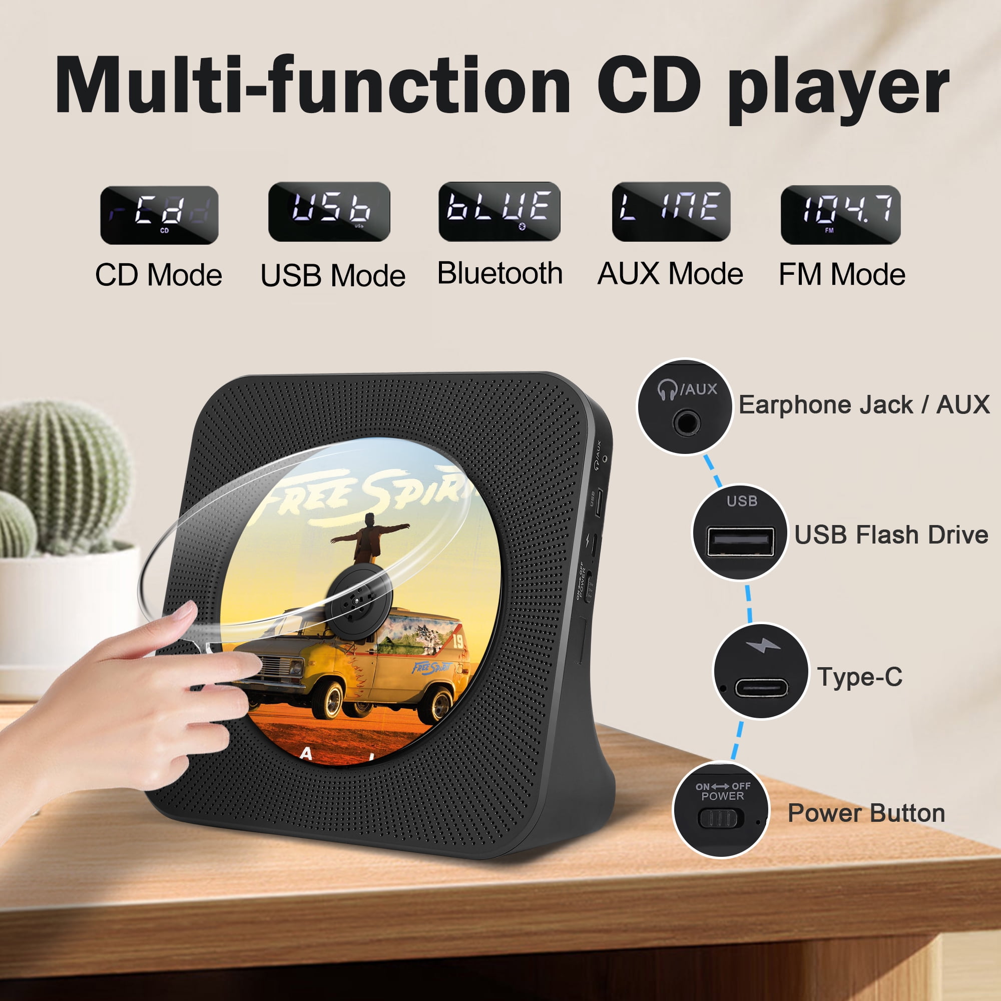 Bluetooth CD Players with HIFI Speakers, FM Radio, Desktop CD Player with USB AUX Port, Music Player for Home, Dust Cover,Remote Control