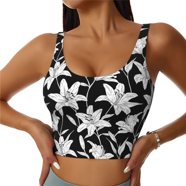 Fotbe Lilies Flowers Sujetador Deportivo Largo sin Aros para Mujer con Almohadillas y Soporte Medio, Transpirable y Absorbente, Camiseta Tipo Chaleco o Tank Top-Small