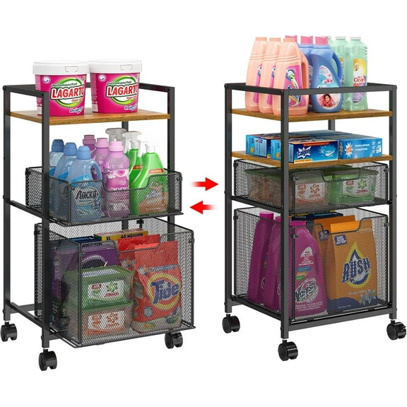 4 Tier Laundry Room Cart with Pull-Out Baskets, Rolling Storage Utility Cart on Wheels Metal for Bathroom Laundry Room Organization and Storage, Rustic Brown