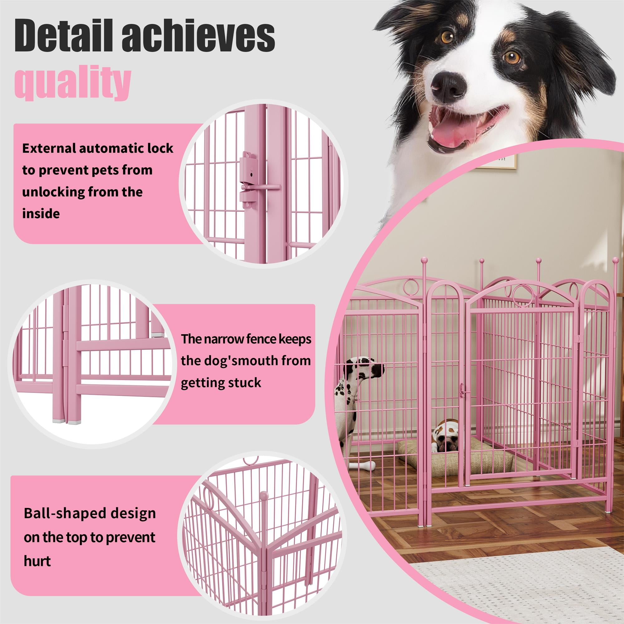 Pefilos Outdoor Dog Playpen with Doors, 32" 8 Panels Indoor Dog Fence Metal Dog Pen Pet Puppy Exercise Pen for RV Camping Garden Yard, Pink