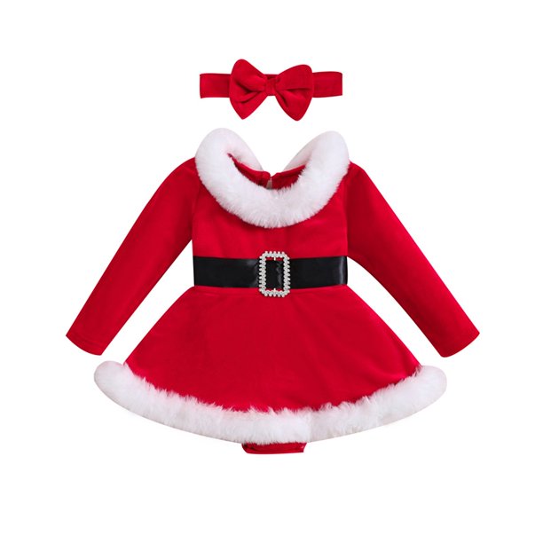 Suefunskry, trajes de Navidad para niñas, vestido mameluco de terciopelo con adornos de piel de manga larga + conjunto de diadema, ropa de Navidad para recién nacidos de 3 a 24 meses
