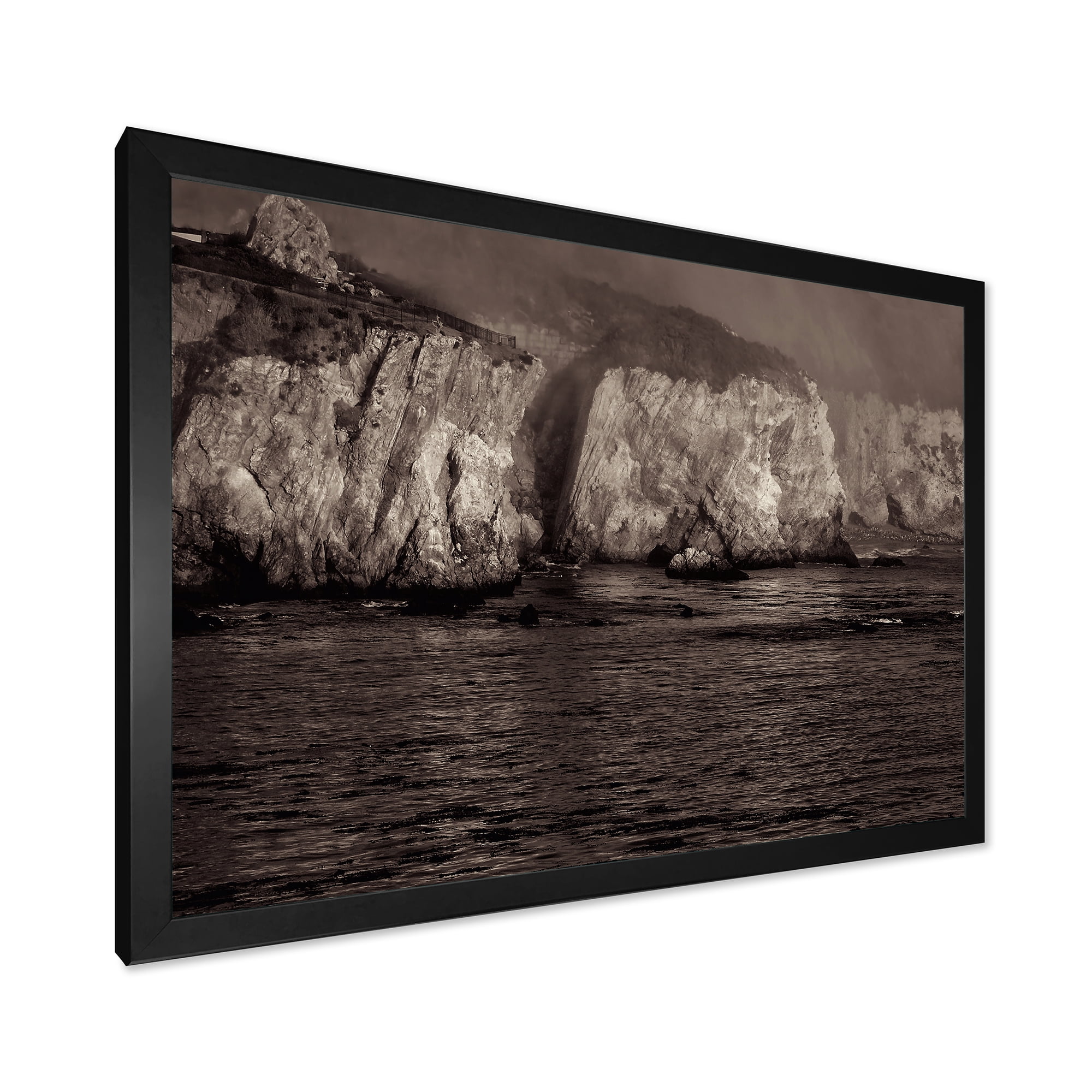 Designart 'Gold Cliffs Over Sea In The Fog' Modern Framed Art Print