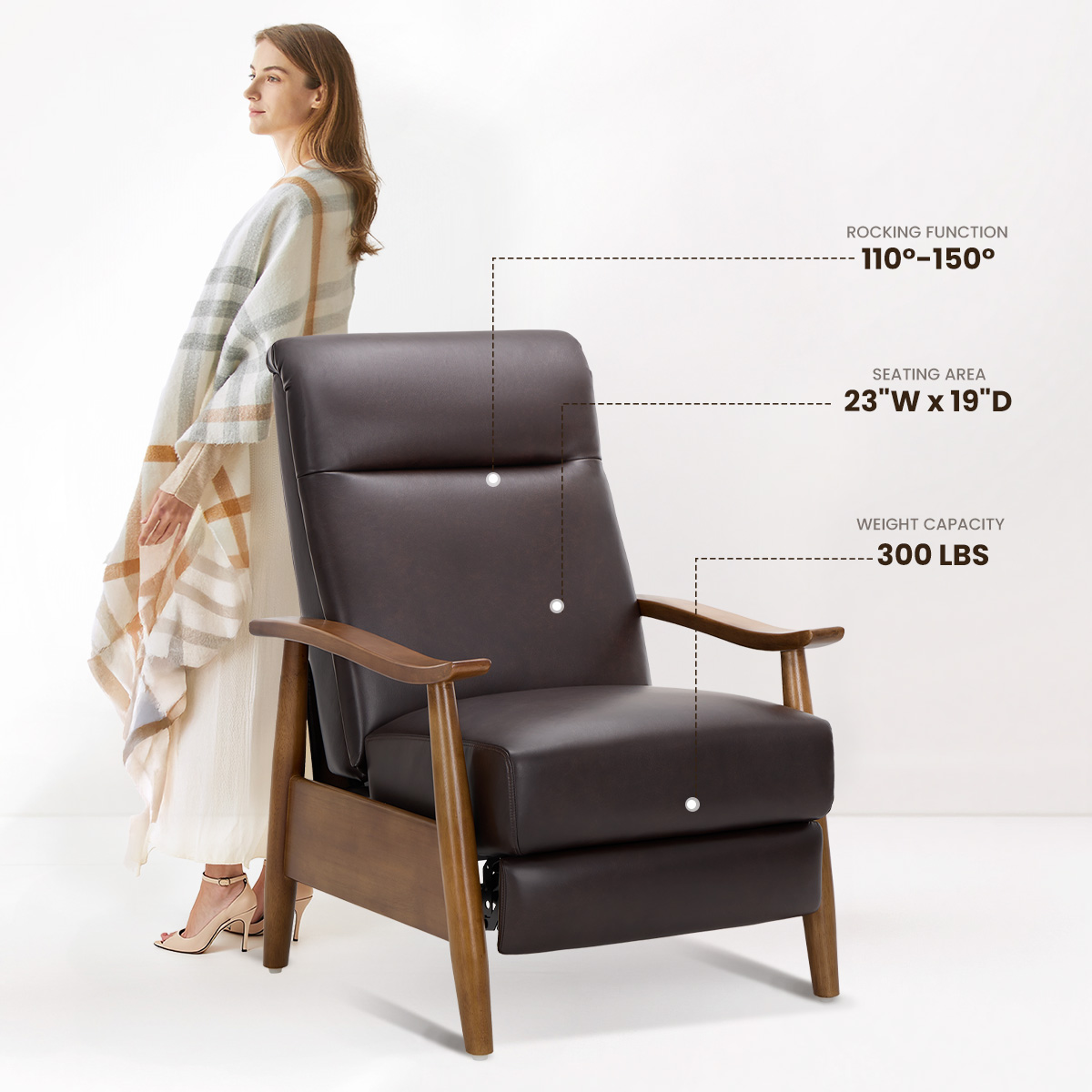 AFO Mid Century Recliner Chair Set of 2, Leather Push Back Armchair with Retractable Footrest, Solid Wood Legs, High Back Lounge Chair for Living Room, Chocolate