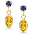 thumbnail image 2 of Gem Stone King 14K Yellow Gold Yellow Citrine and Blue Created Sapphire Drop Dangle Earrings for Women (1.18 Cttw, Gemstone Birthstone, Oval 6X4MM, Round 3MM), 2 of 4
