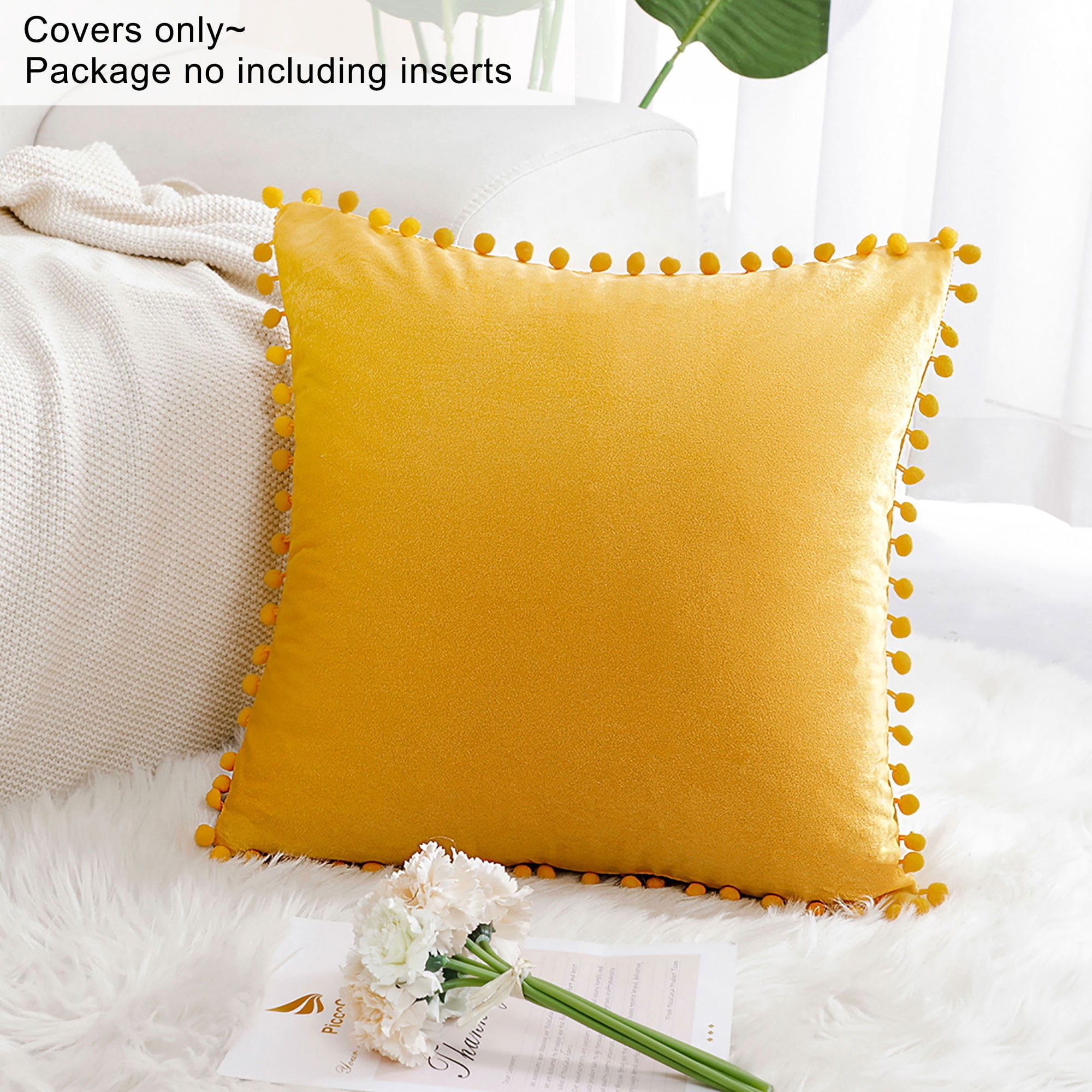 Unique Bargains Velvet Pillow Cover with Pompoms for Sofa 1PCS Golden Yellow 20x20Inch