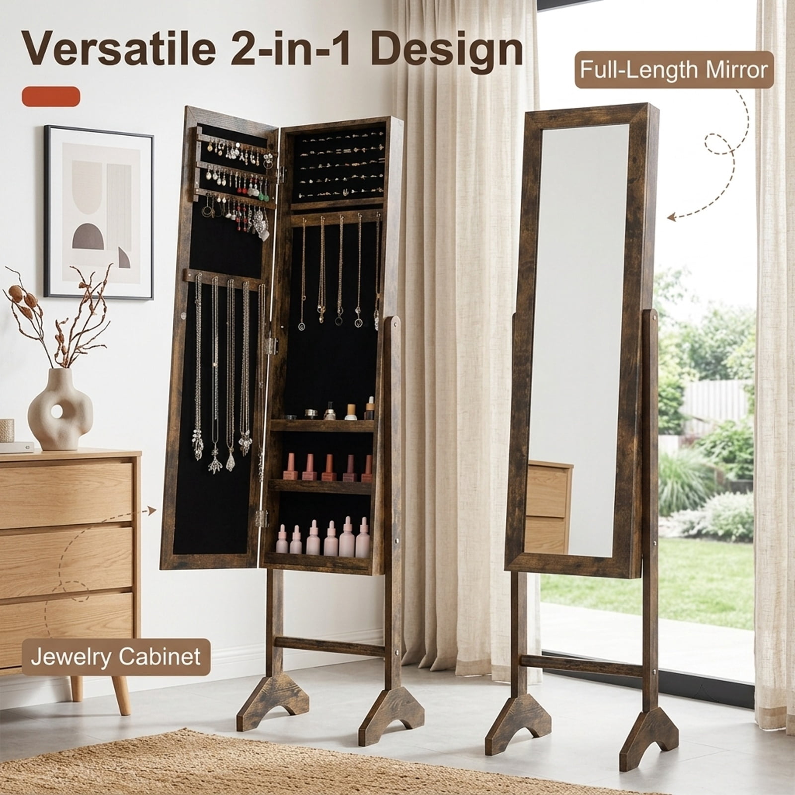 Furnibear Freestanding Jewelry Armoire with Velvet Lining and Full Length Mirror for Bedroom Dressing Room Jewelry Necklace Rings Storage, Brown