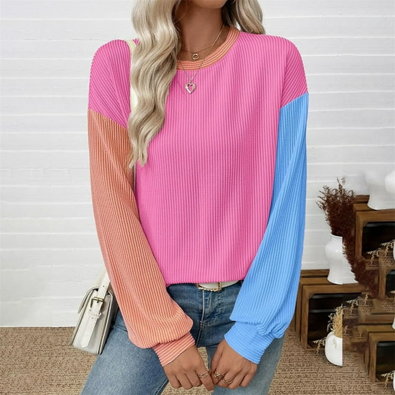 Endives Womens Long Sleeve Shirts Crewneck Ribbed Knit Contrast Color Casual Loose Fit Pullover Shirts Hot Pink