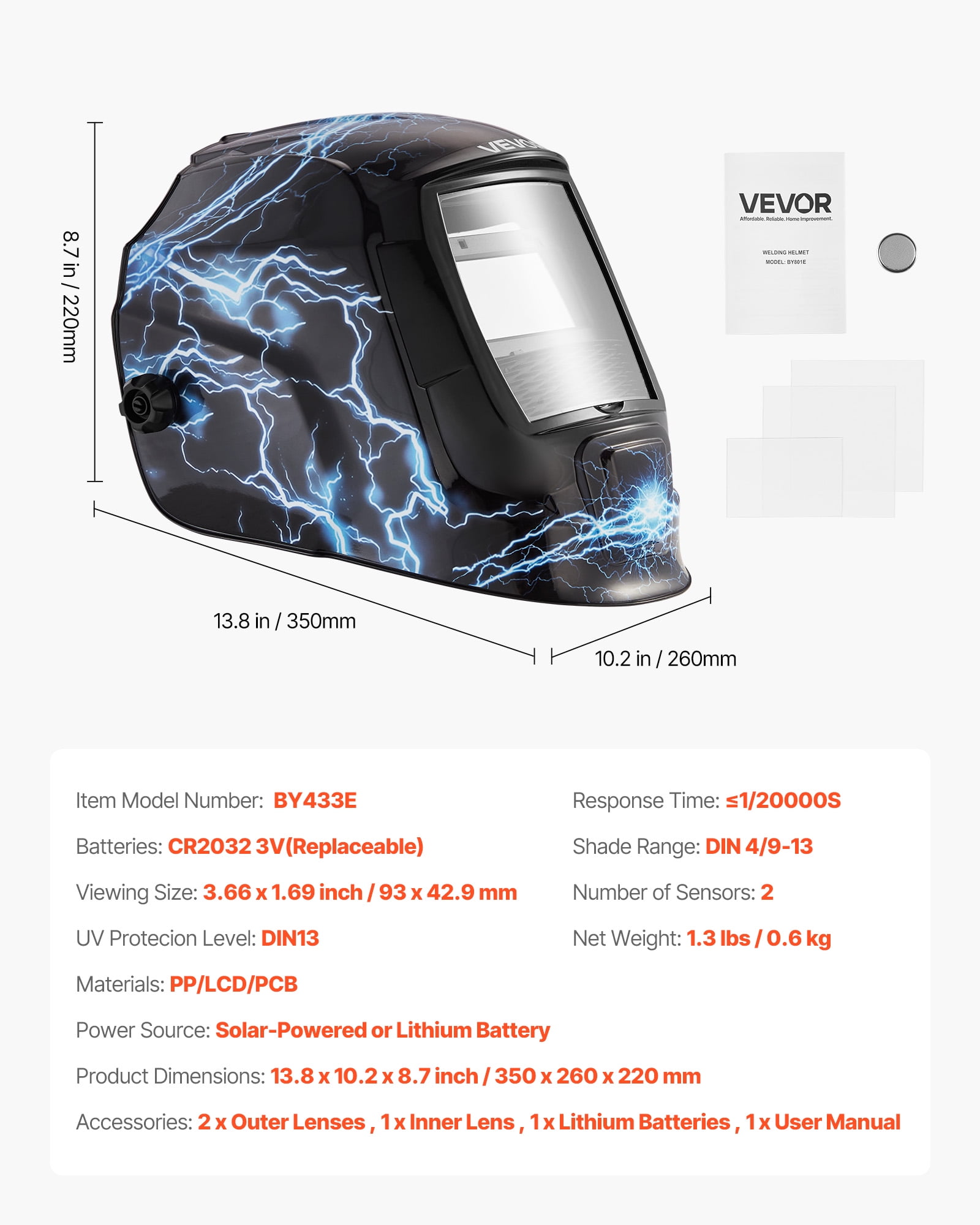 VEVOR Welding Helmet Auto Darkening, 3.66" x 1.69" True Color Welding Hood, Solar Powered Welder Mask 2 Arc Sensors,Shade 4/9-13 for TIG MIG ARC Weld Grinding - CRIUS Series (Blue Lightning Pattern)