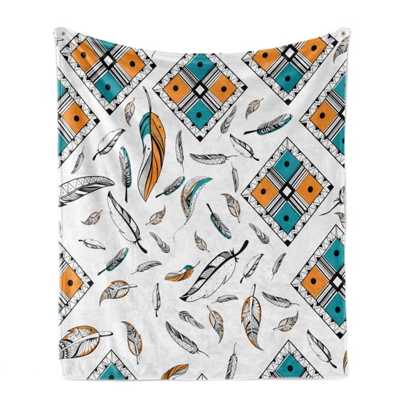 Boho Soft Flannel Fleece Throw Blanket, Tribal Bohemian Bird Feather Patterns with Geometric Square Vintage Motifs, Cozy Plush for Indoor and Outdoor Use, 60" x 80", Teal Orange Black, by Ambesonne