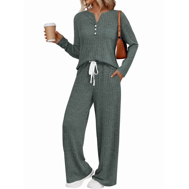 Womens 2 Piece Lounge Sets Fall Henley Neck Sweater Matching Sweat Suits Comfy Pajamas Clothes Pockets Green M